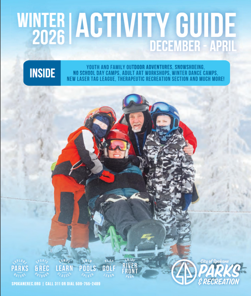 The Winter 2026 Activity Guide Cover - features a family of 4 people winter skiing.