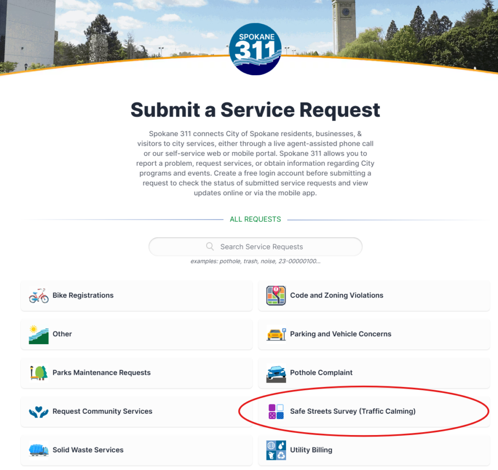 Screenshot of the service request site where you can upload traffic calming concerns for the city of Spokane.